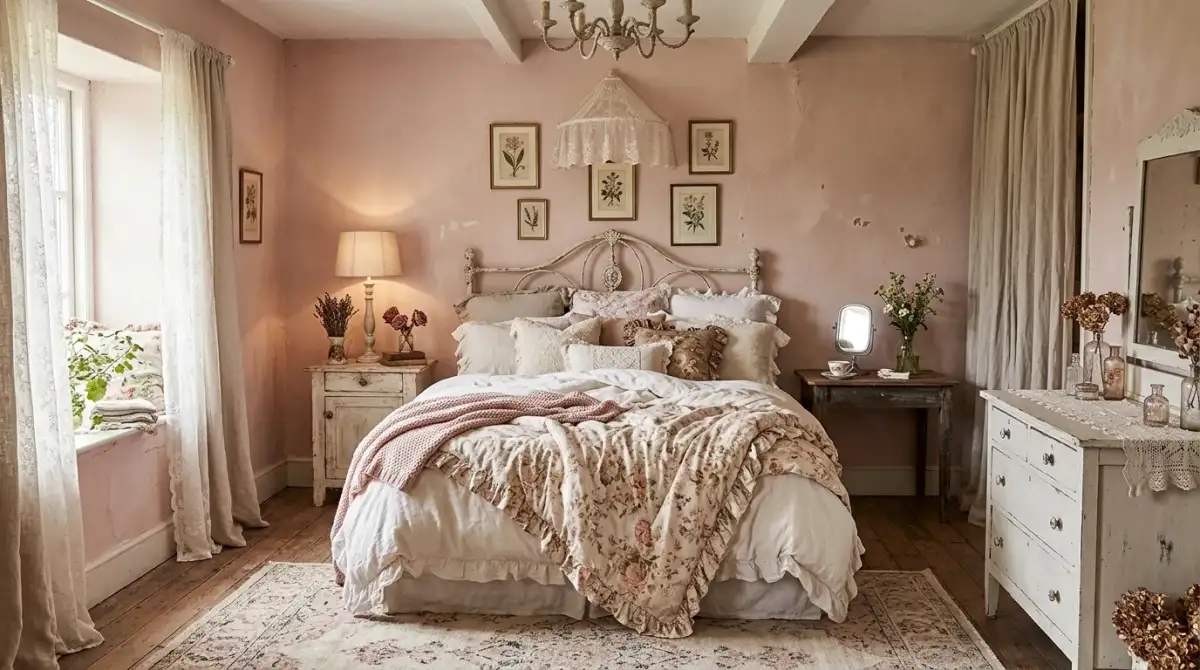 A romantic shabby chic attic bedroom with painted beams and floral bedding, no people