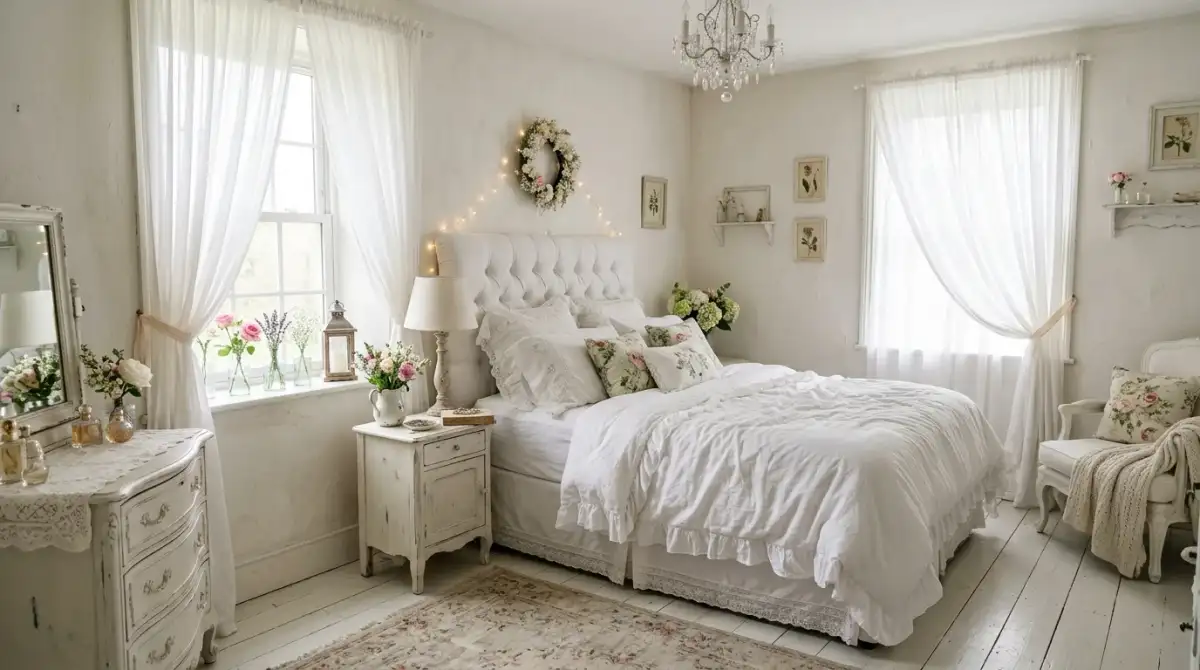 A shabby chic bedside setup with books porcelain lamp and rose bouquet, no people
