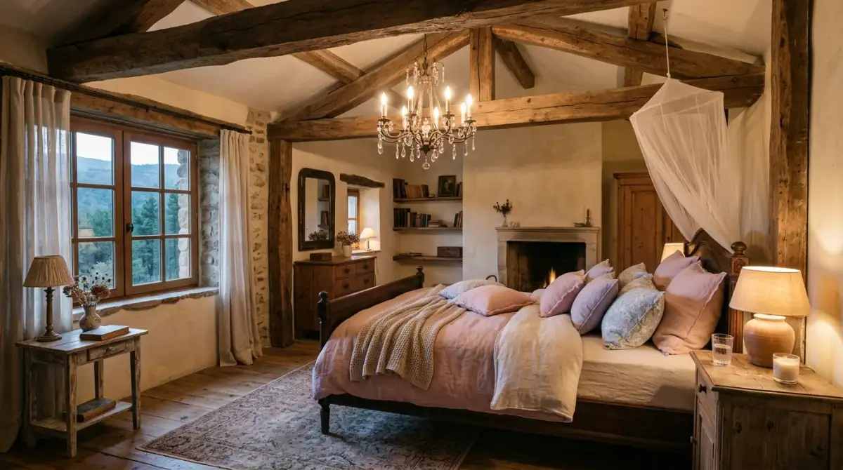 A romantic shabby chic bedroom with paneled walls and crystal chandelier, no people