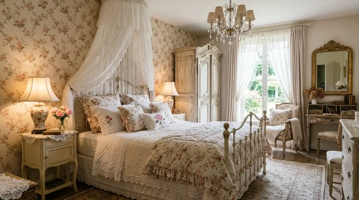 A small shabby chic bedroom with skirted table and floral slipcovered chair, no people