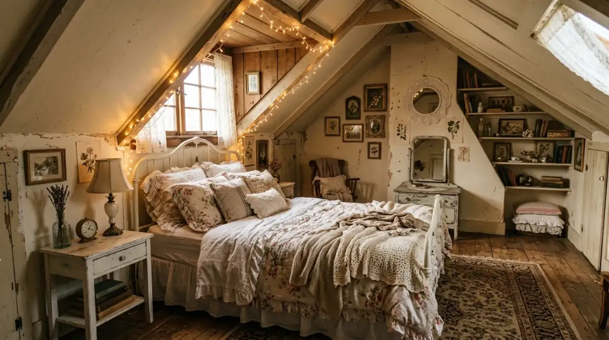 A moody romantic shabby chic bedroom with dusty mauve accents and gilt frames, no people