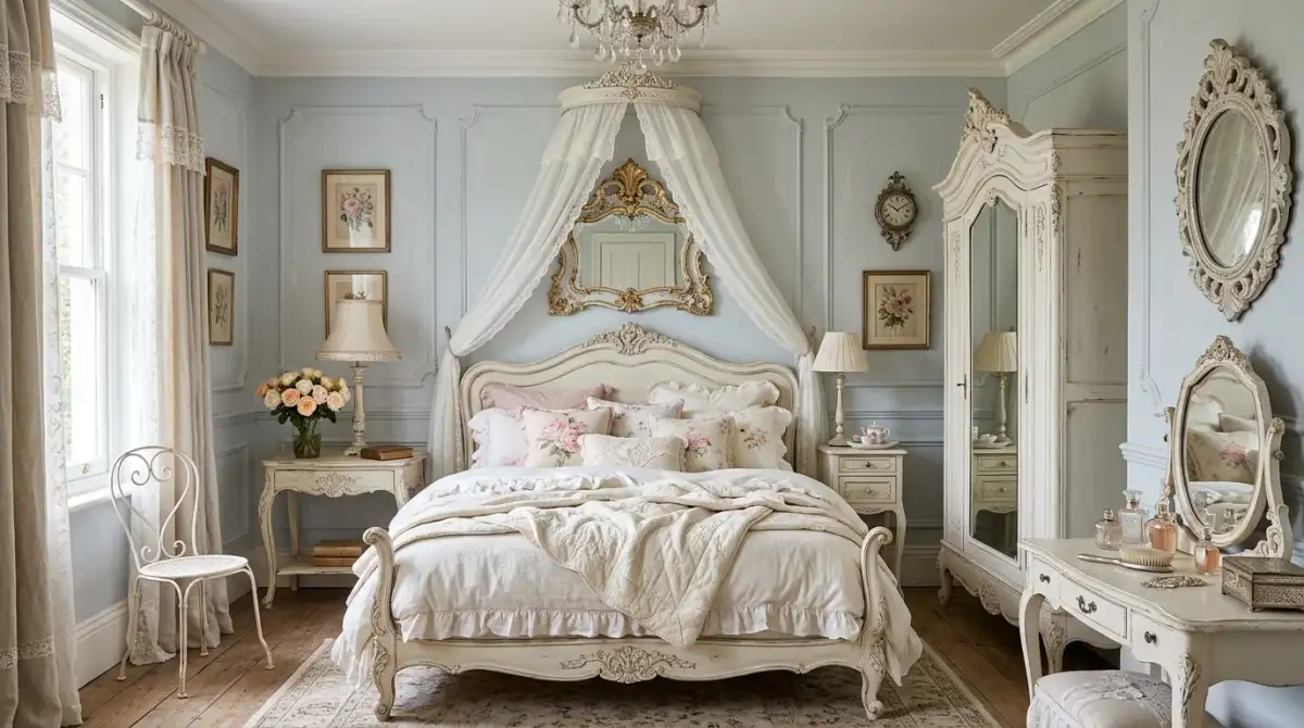 A shabby chic bedroom with window seat quilt folds and pale painted furniture, no people
