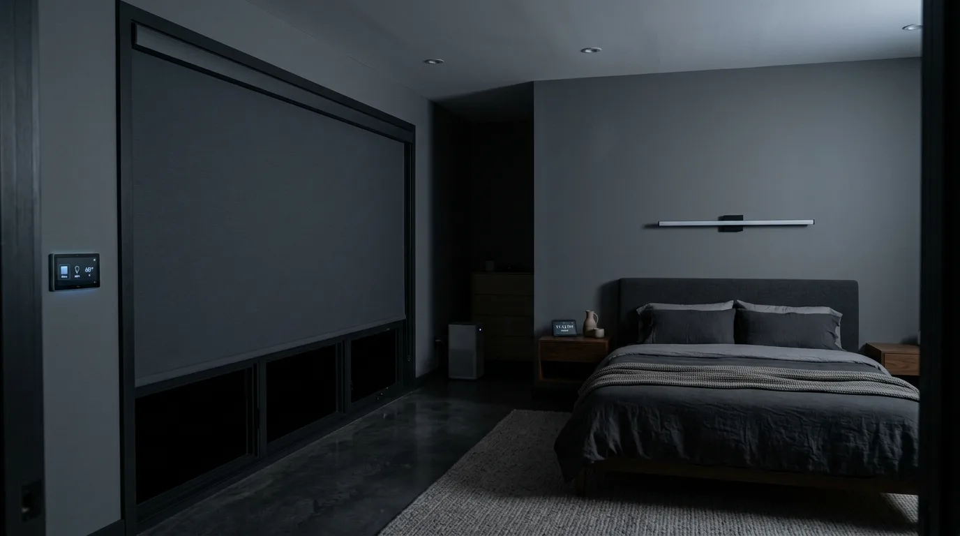 A smart window darkening setup with blackout drapes over recessed shade, no people
