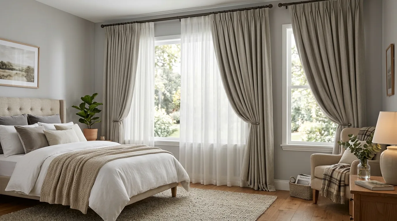 A smart window darkening Roman blackout shade inside deep window frame, no people