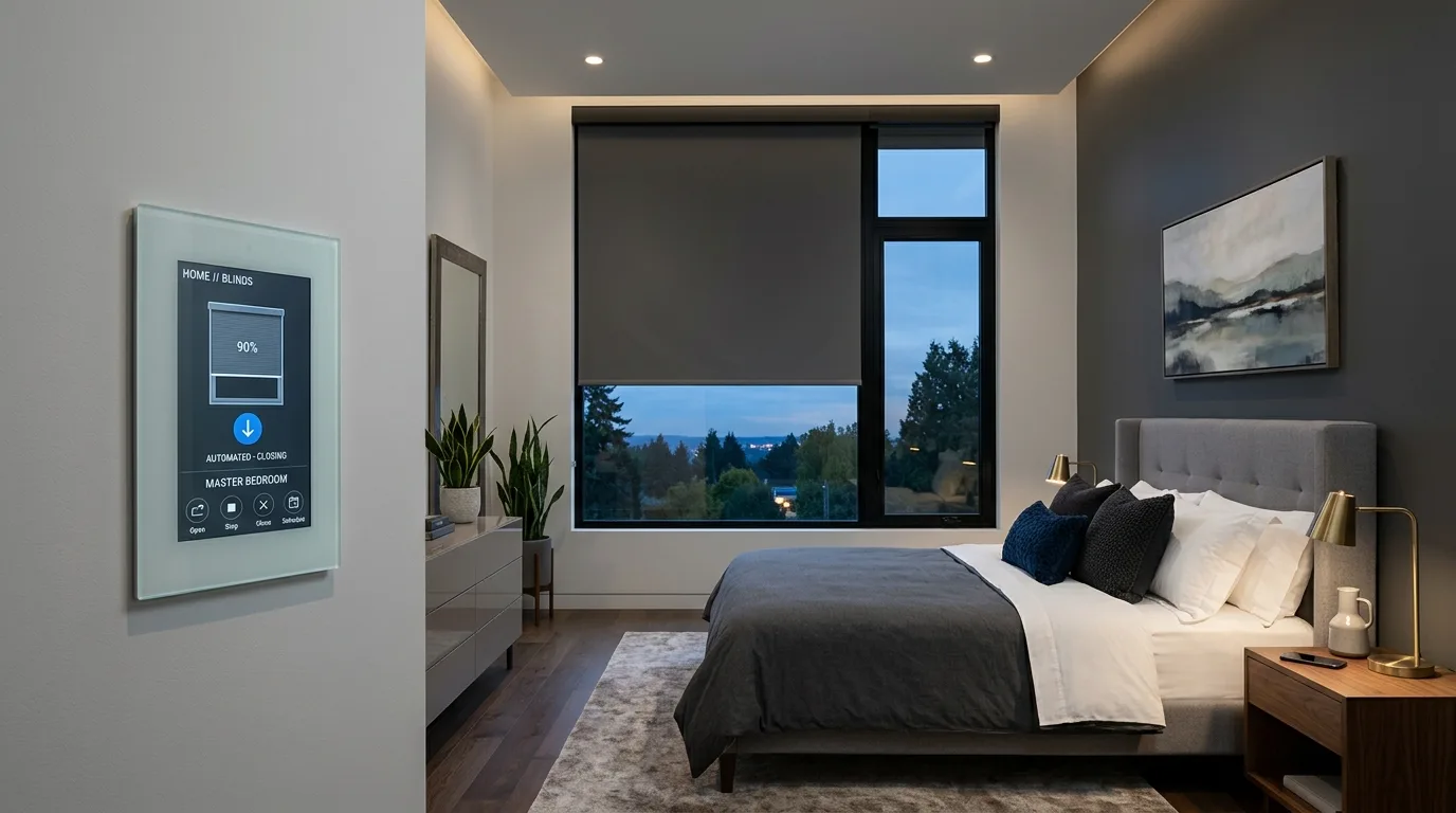 A smart window darkening curtain track wrapping the wall to stop side light leaks, no people