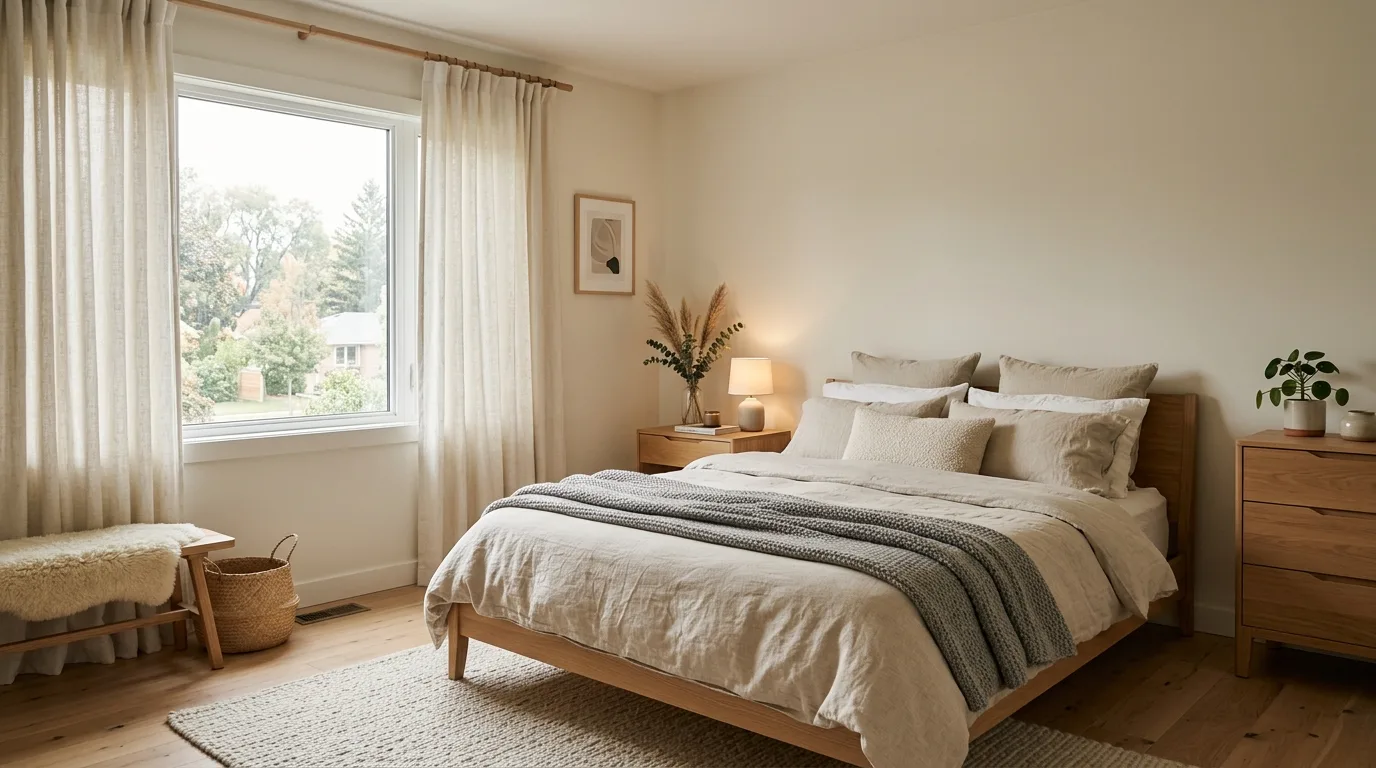 A smart window darkening bedroom with blackout roller and linen outer panels, no people