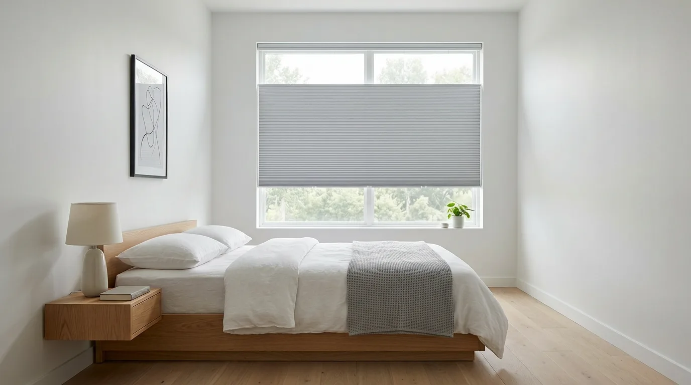 A smart nursery window darkening setup with cordless shade and side channels, no people