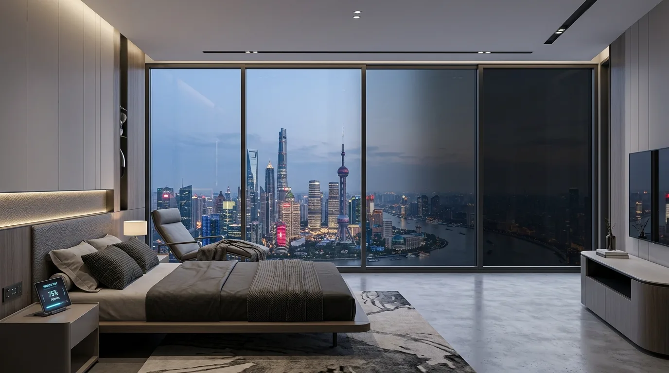 A smart apartment window darkening setup with blackout film and heavy curtains, no people
