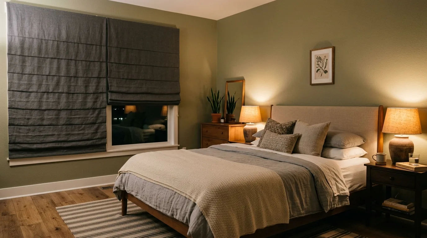A smart attic window darkening treatment with fitted blind and thermal drape, no people