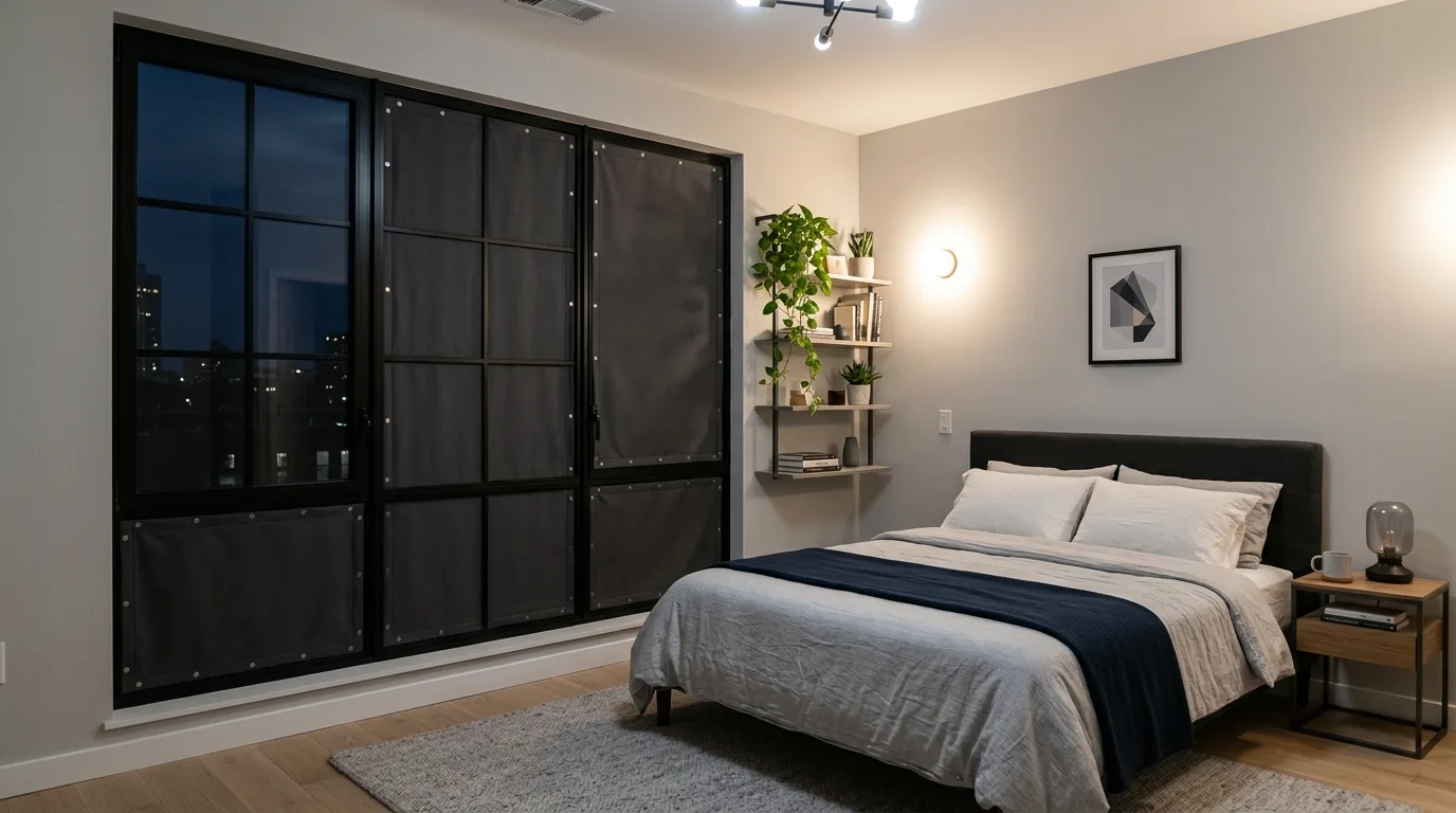 A smart bedroom window darkening idea with curtains extending beyond the frame, no people