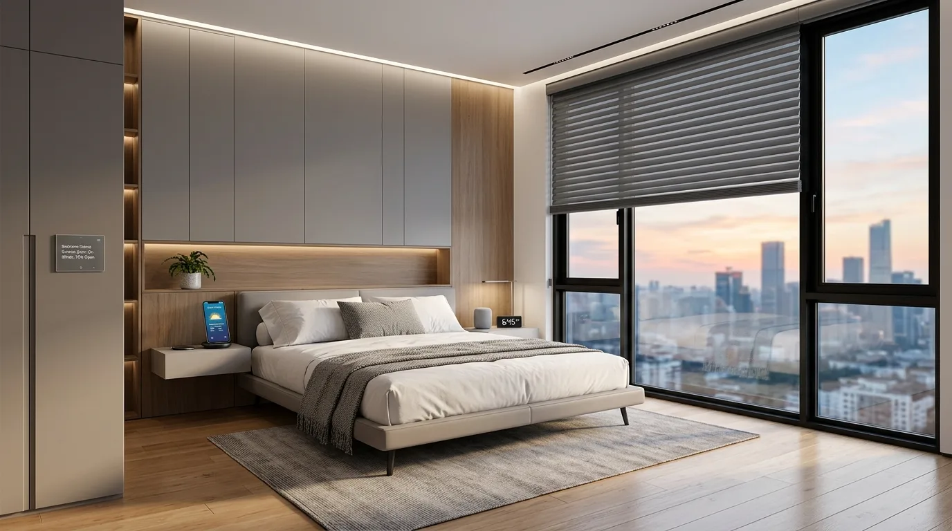 A smart guest room window darkening setup with plantation shutters and blackout panels, no people