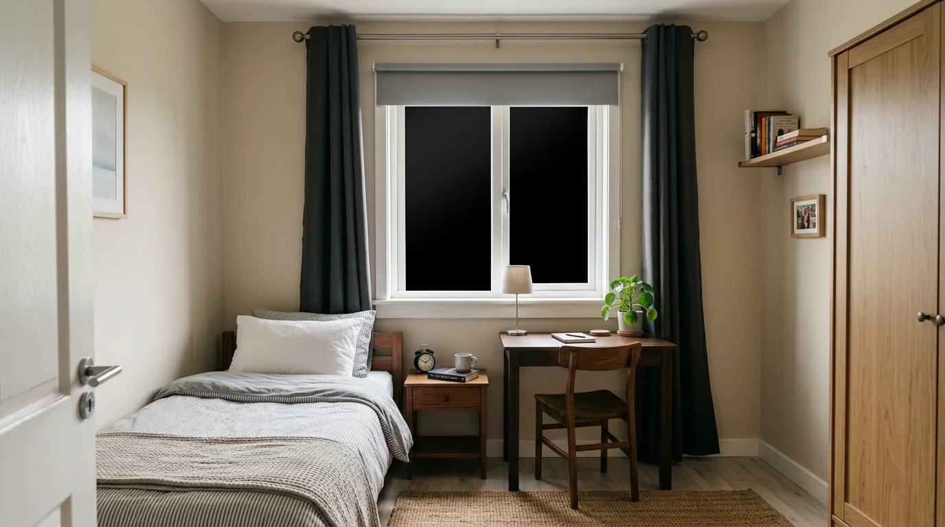 A smart small bedroom window darkening setup with flexible shade and night curtain, no people