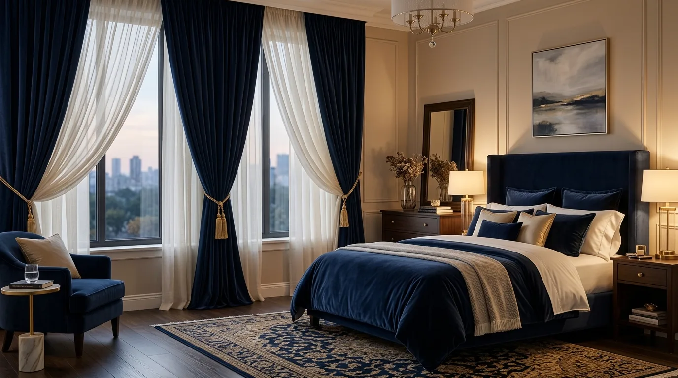 A smart media room window darkening setup with velvet drapes and blackout backing, no people