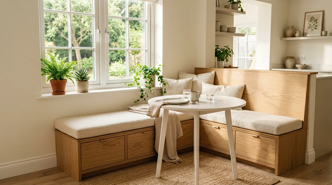 A kitchen nook alternative with round pedestal table and movable chairs, no people