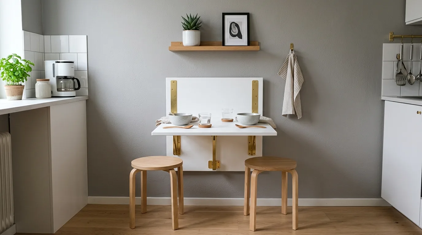 A creative kitchen nook alternative with slim console dining wall and stools, no people