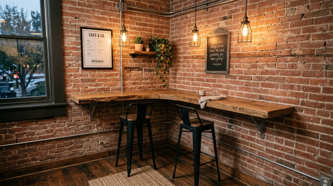 A creative kitchen nook alternative with window ledge dining bar and pendant light, no people