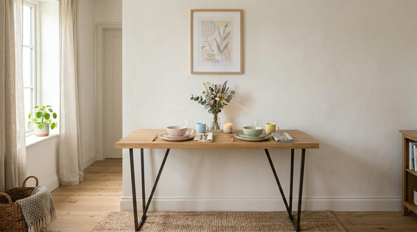 A kitchen nook alternative with freestanding bench and cafe table, no people