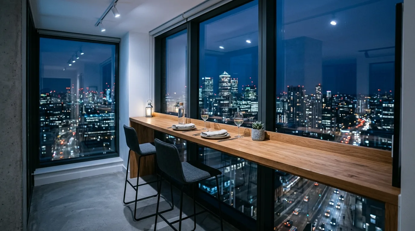 A kitchen nook alternative with wall banquette and lightweight dining chairs, no people