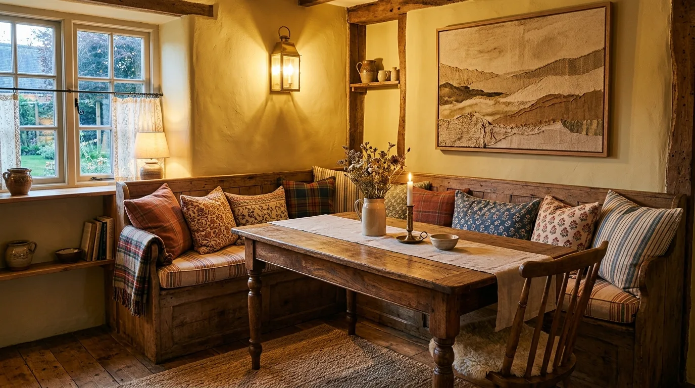 A creative kitchen nook alternative with breakfast counter upholstered stools and art wall, no people