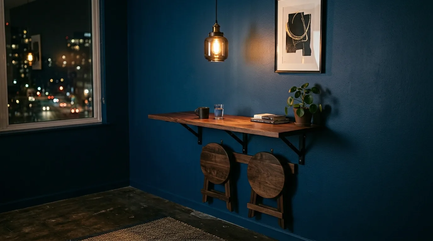 A kitchen nook alternative with tall bistro table in narrow galley kitchen, no people