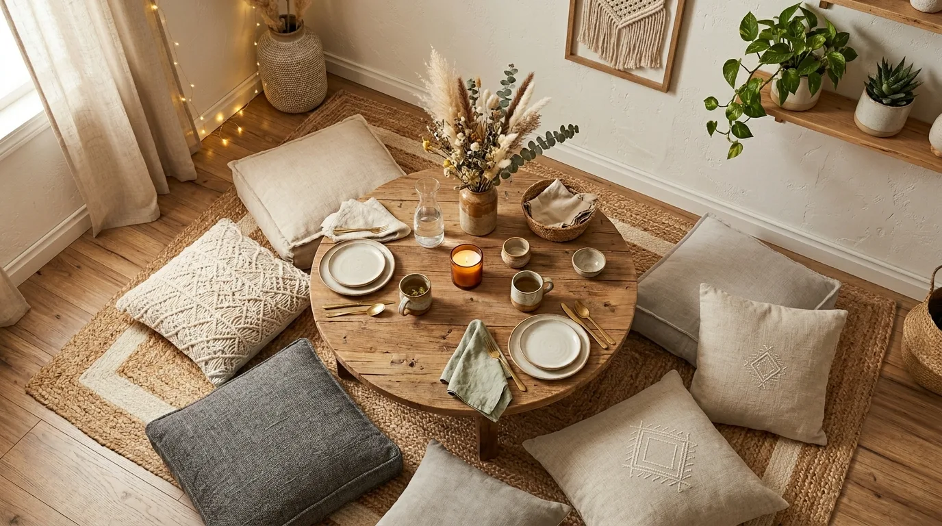A creative kitchen nook alternative with built in shelves and fold down table, no people