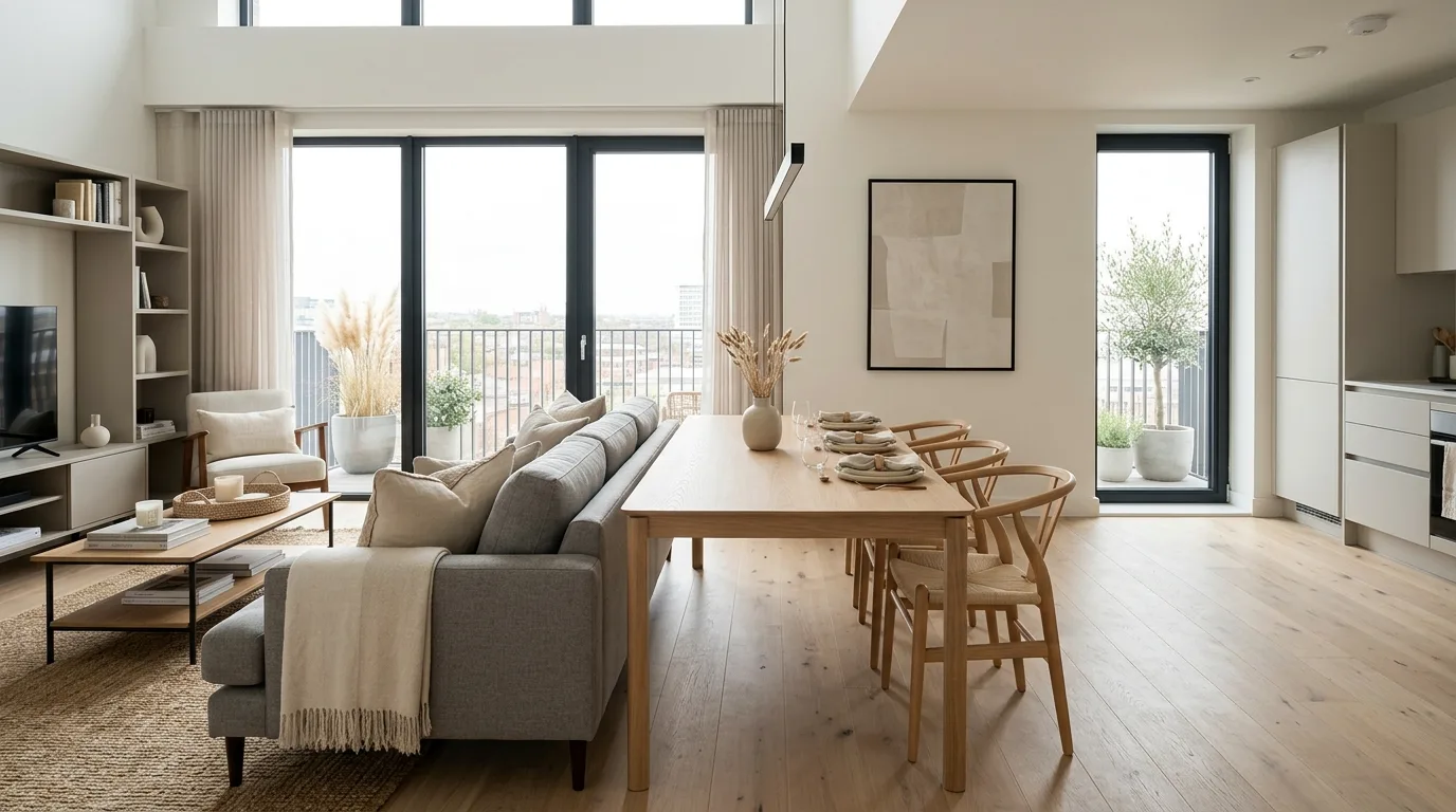 A kitchen nook alternative with lounge style dining corner and armchairs, no people