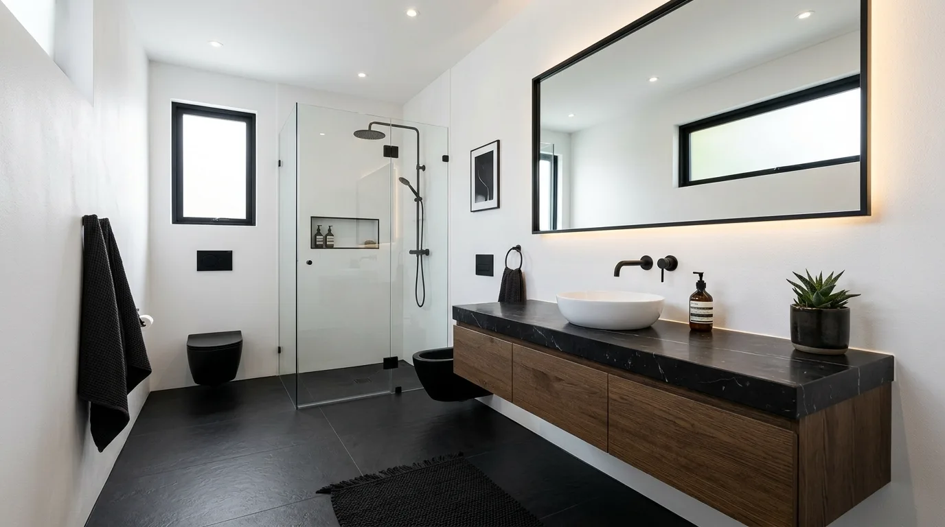 A bathroom with matte black hex tile white walls and brass contrast, no people