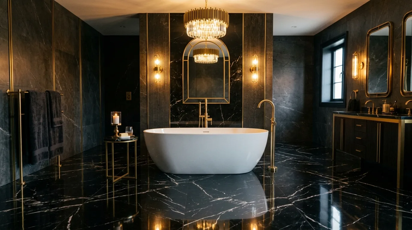 A dramatic black bathroom floor with large format stone and floating oak vanity, no people