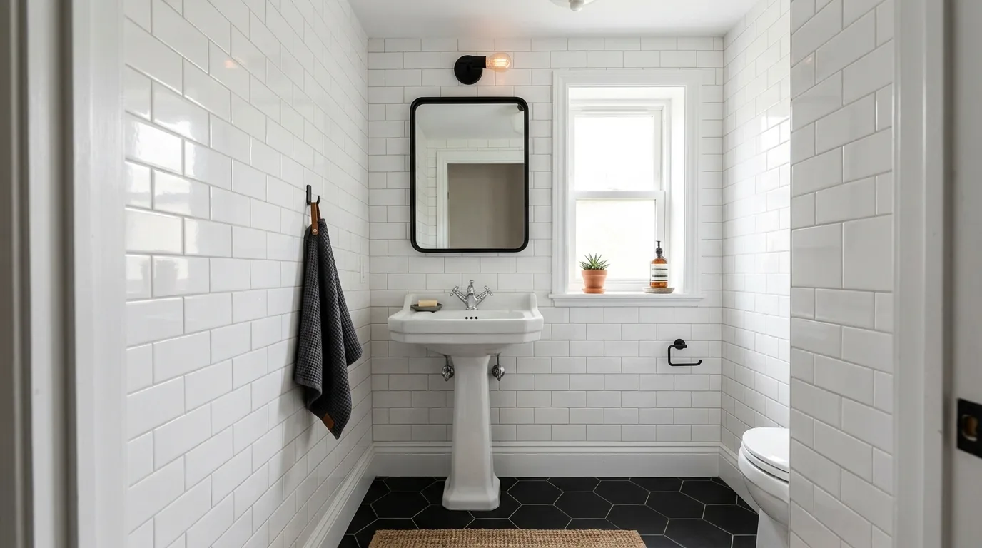 A bathroom with dramatic black and white patterned floor curved shower and vintage mirror, no people