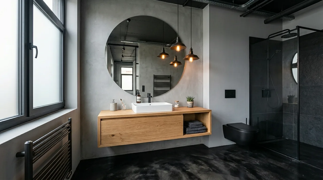 A bathroom with black penny tile floor crisp grout and marble vanity top, no people