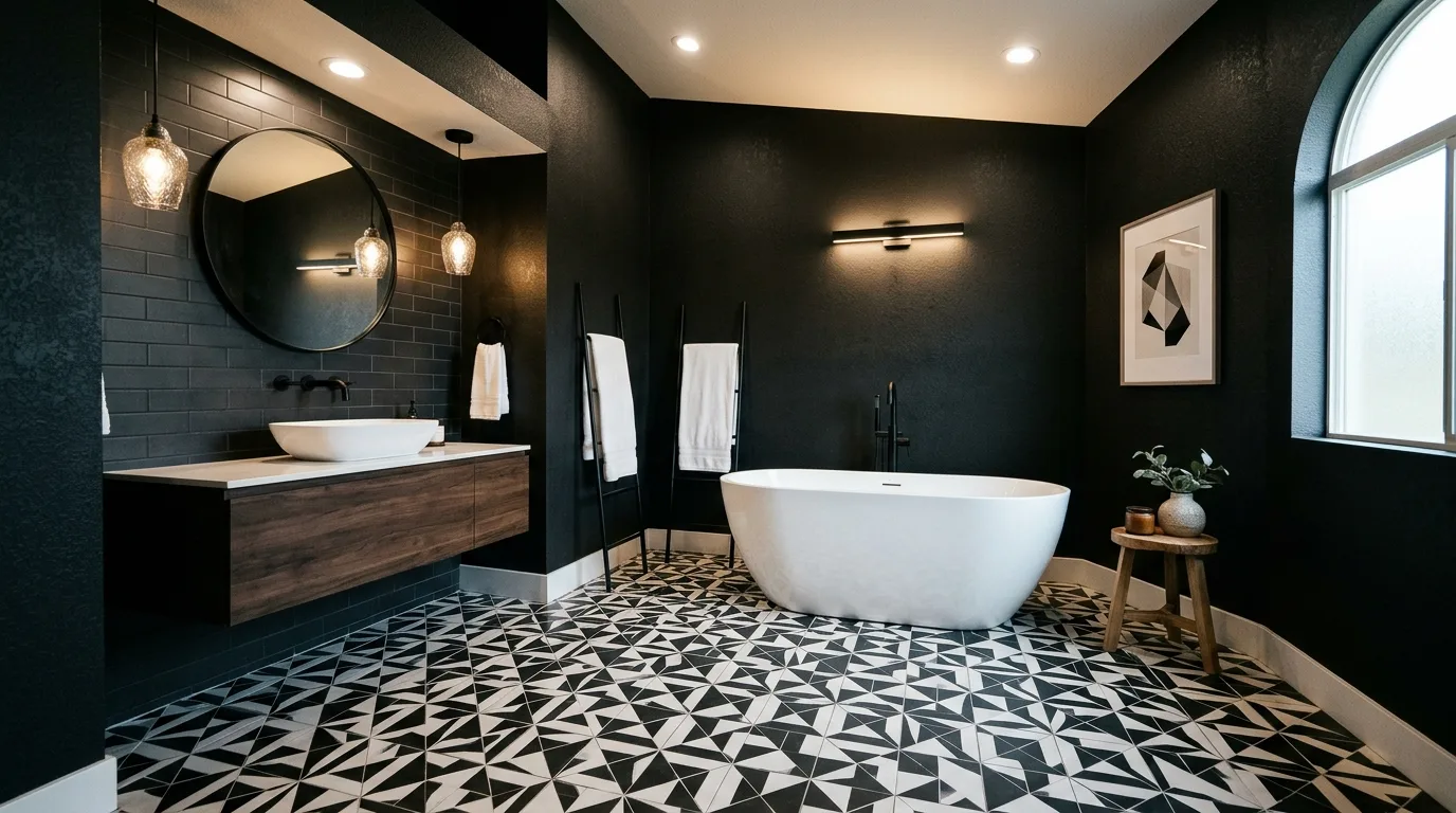 A moody ensuite with black slate floor and wall mounted sconces, no people