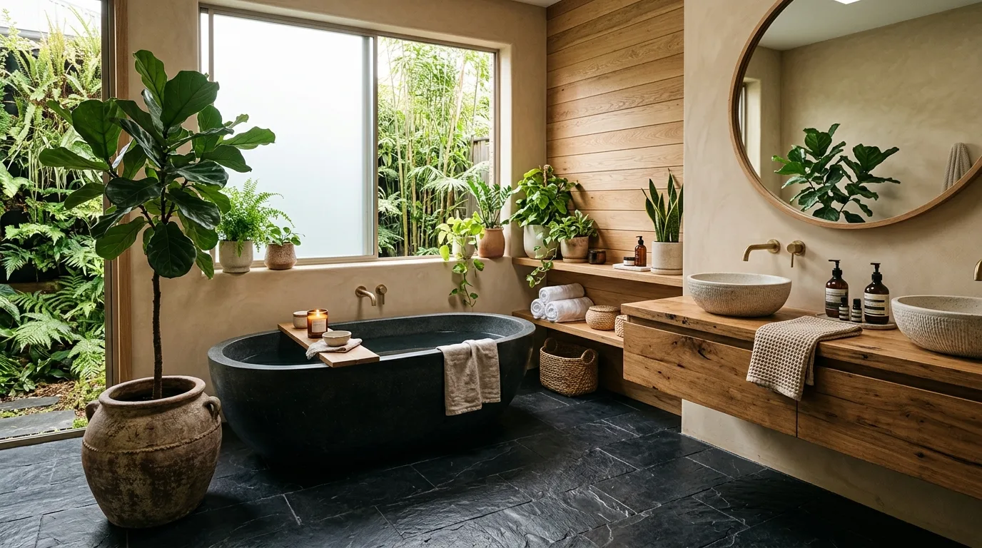 A minimal bathroom with black concrete floor and seamless glass shower, no people