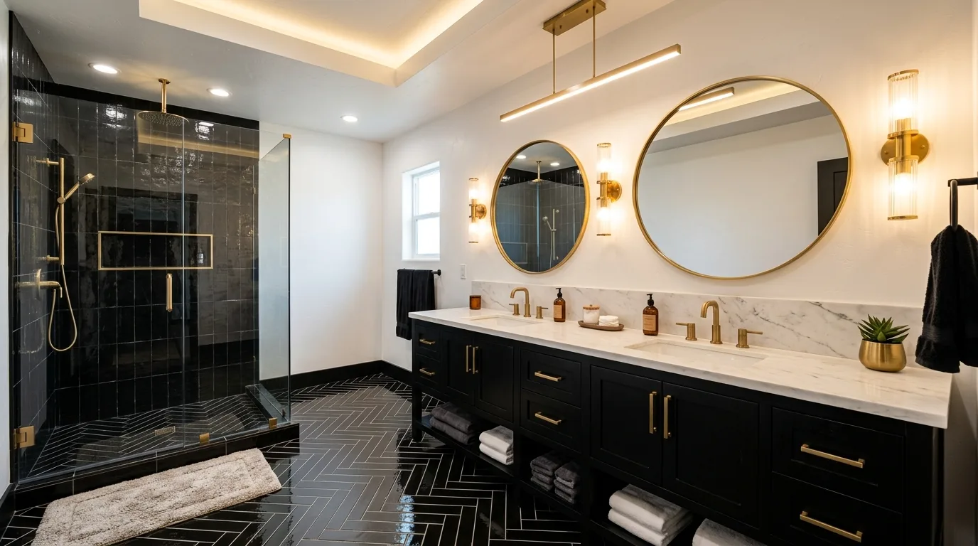 A classic bathroom with black herringbone tile and white clawfoot tub, no people