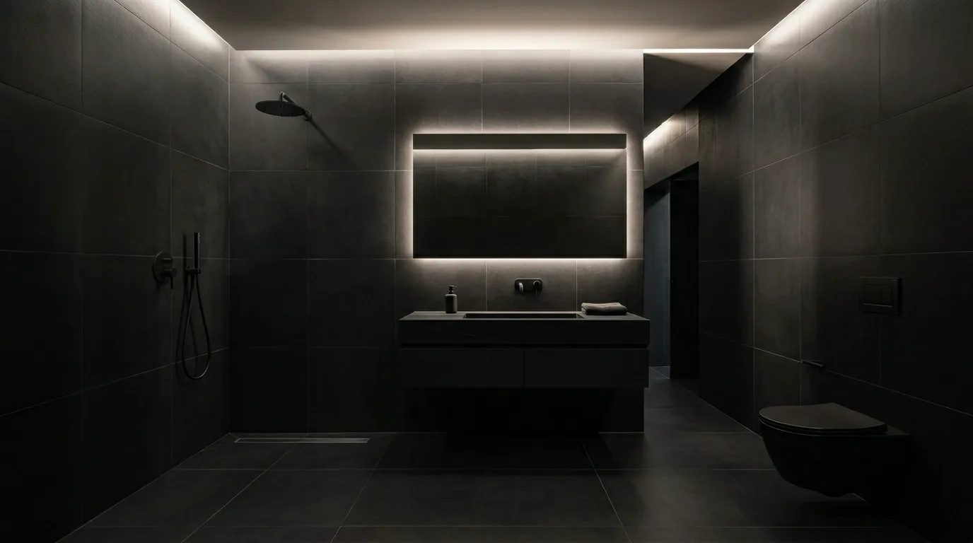 A spa bathroom with black pebble floor in walk in shower zone, no people