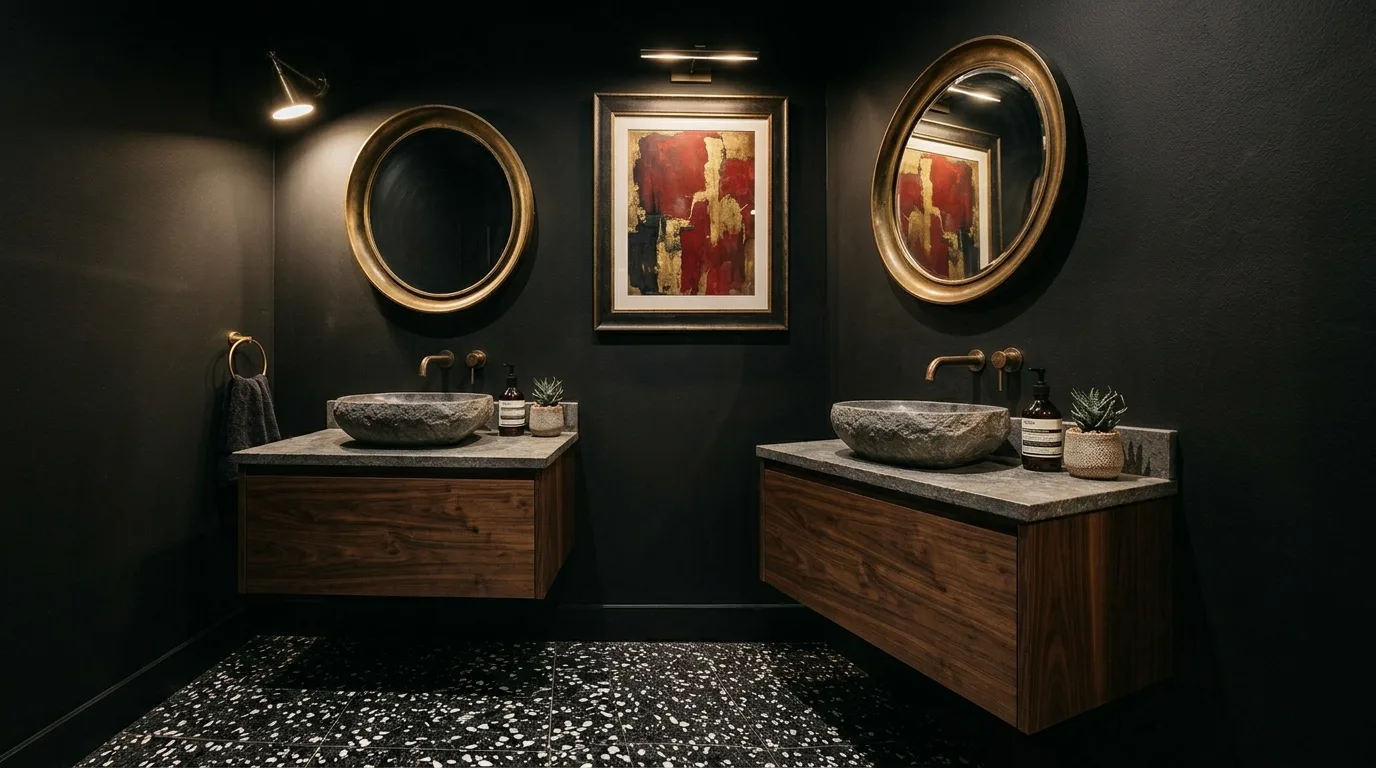 A small powder room with black checker floor and sculptural sconce, no people