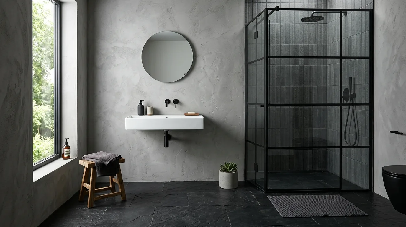 A modern classic bathroom with black basketweave tile and polished nickel, no people