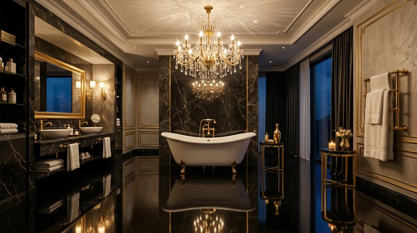 A bathroom with dramatic charcoal black floor and creamy plaster walls, no people