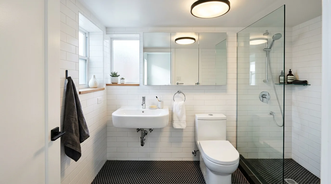 A bathroom with black terrazzo floor double vanity and globe pendant lighting, no people