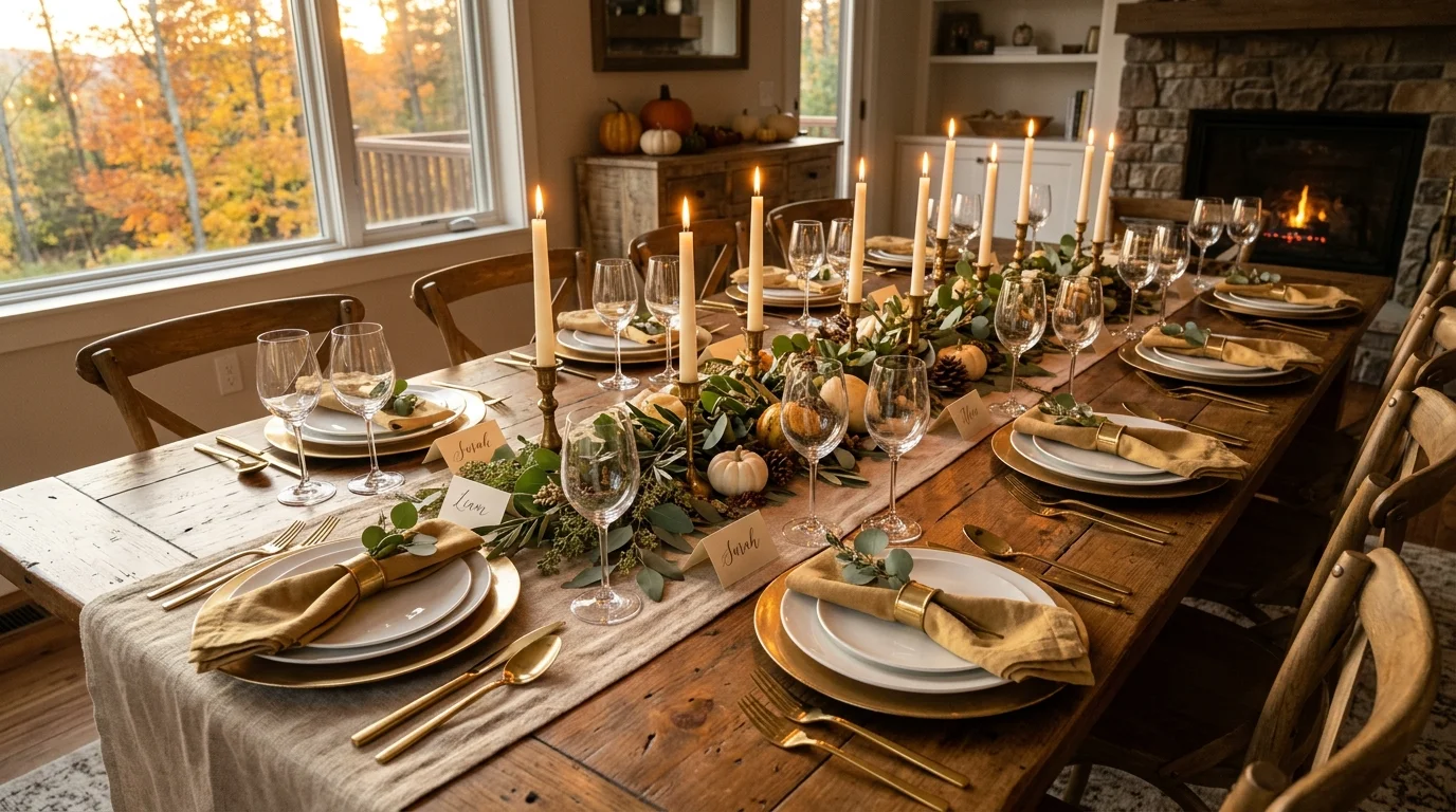 A neutral Thanksgiving tablescape with layered linen, soft candles, ceramic dinnerware, and understated autumn accents, no people