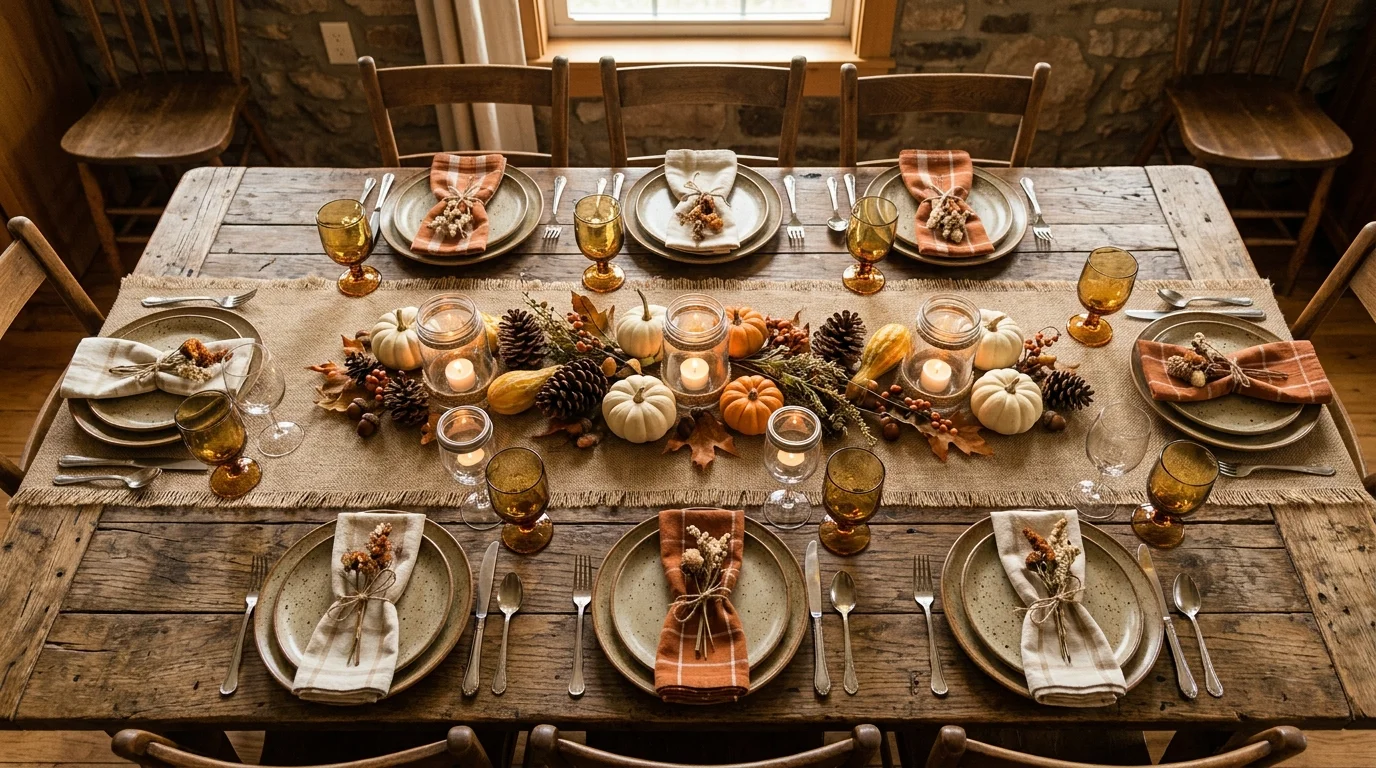 A dramatic Thanksgiving tablescape styled with burgundy linens, brass flatware, candlelight, and rich autumn florals, no people