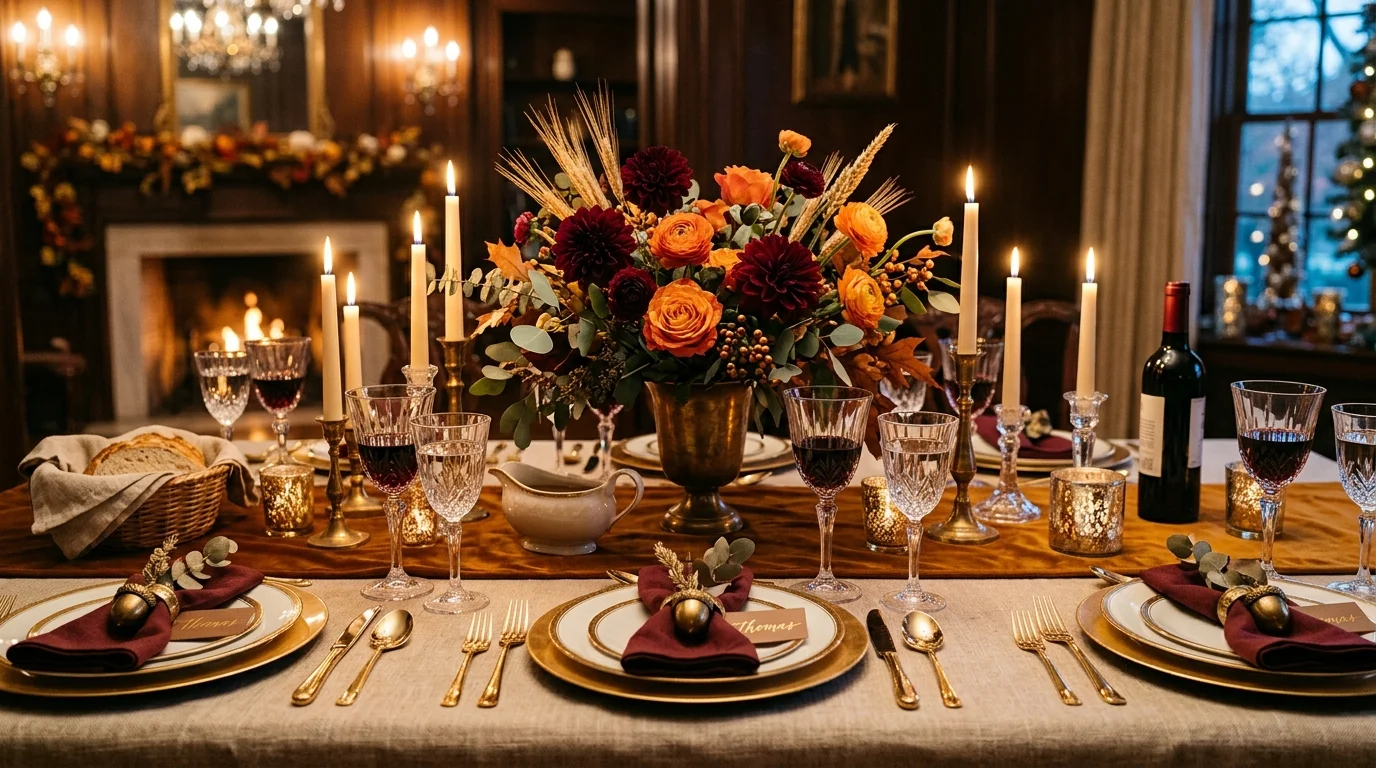 A Thanksgiving tablescape with blue accents, copper details, layered place settings, and elegant autumn styling, no people