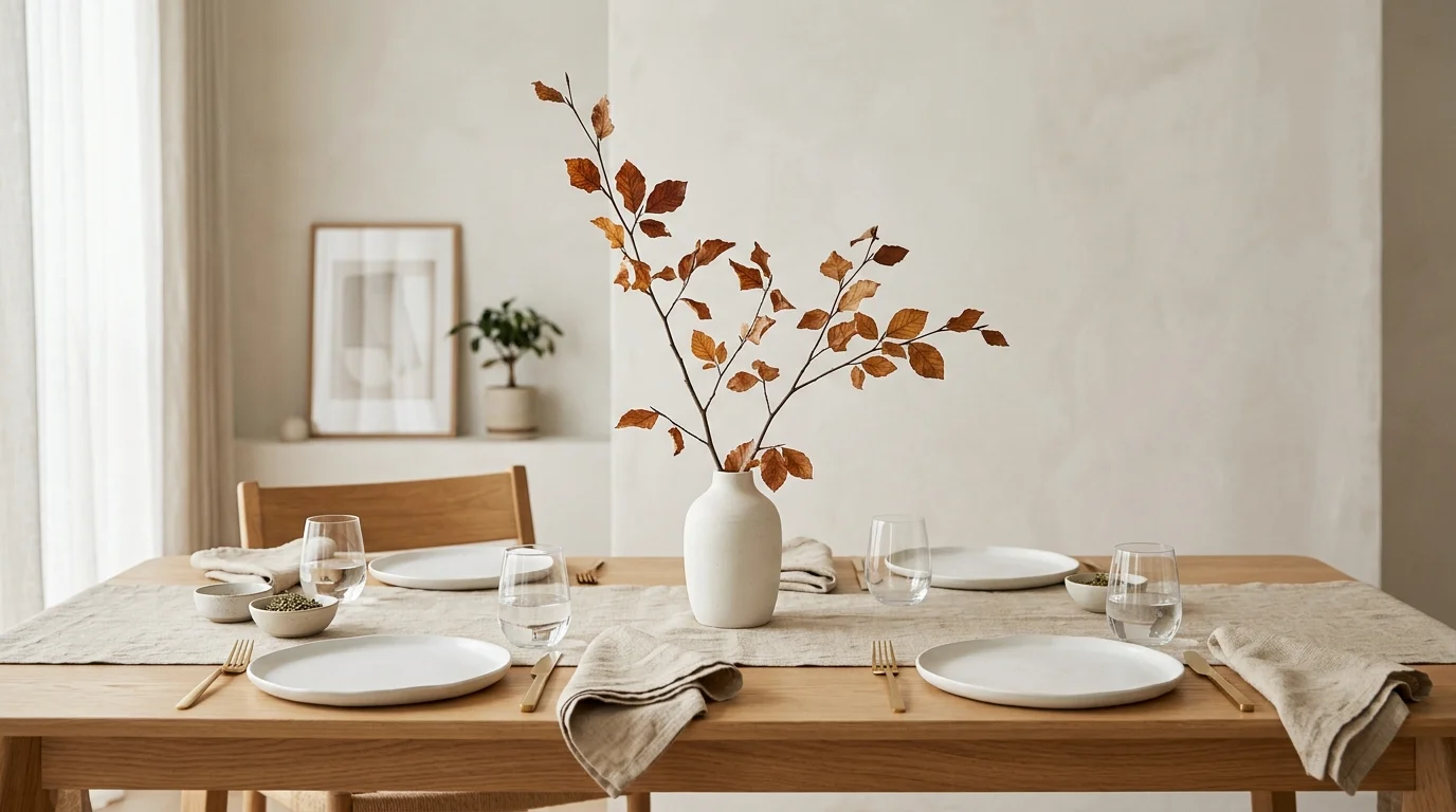 A farmhouse Thanksgiving tablescape featuring plaid textiles, pumpkins, candles, and cozy traditional table styling, no people