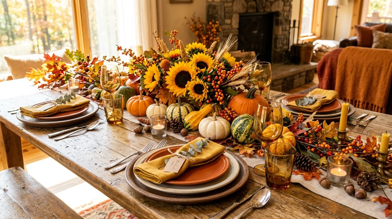 A moody Thanksgiving tablescape with dark layers, abundant candlelight, seasonal florals, and elegant autumn depth, no people