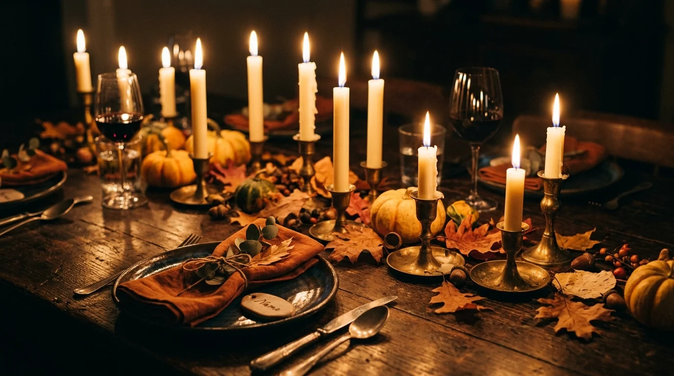 A modern Thanksgiving tablescape featuring white pumpkins, layered neutrals, candles, and clean elegant styling, no people
