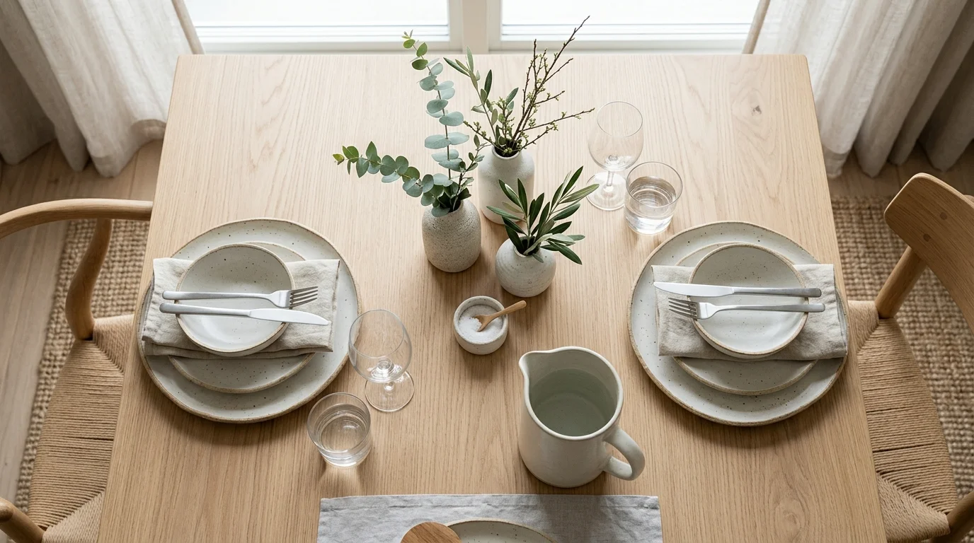 A fresh Thanksgiving tablescape with garden florals, soft green accents, layered place settings, and natural seasonal texture, no people