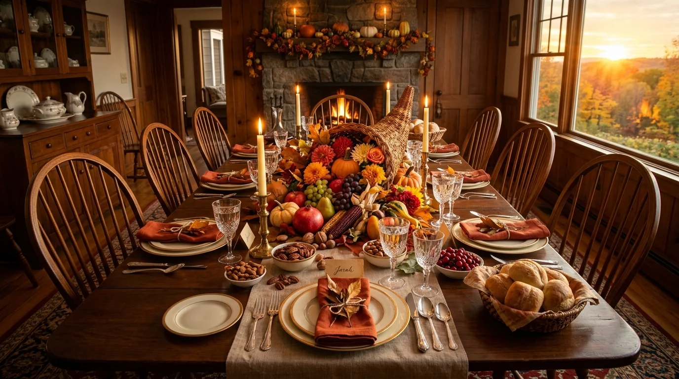 A rustic Thanksgiving tablescape on a wood table with pumpkins, candles, foliage, and abundant harvest styling, no people