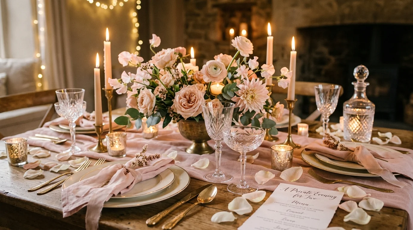 A formal Thanksgiving tablescape with china, layered chargers, polished flatware, and refined autumn decor, no people