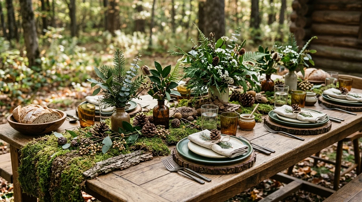An outdoor Thanksgiving tablescape with lanterns, layered textiles, pumpkins, and cozy Friendsgiving styling, no people