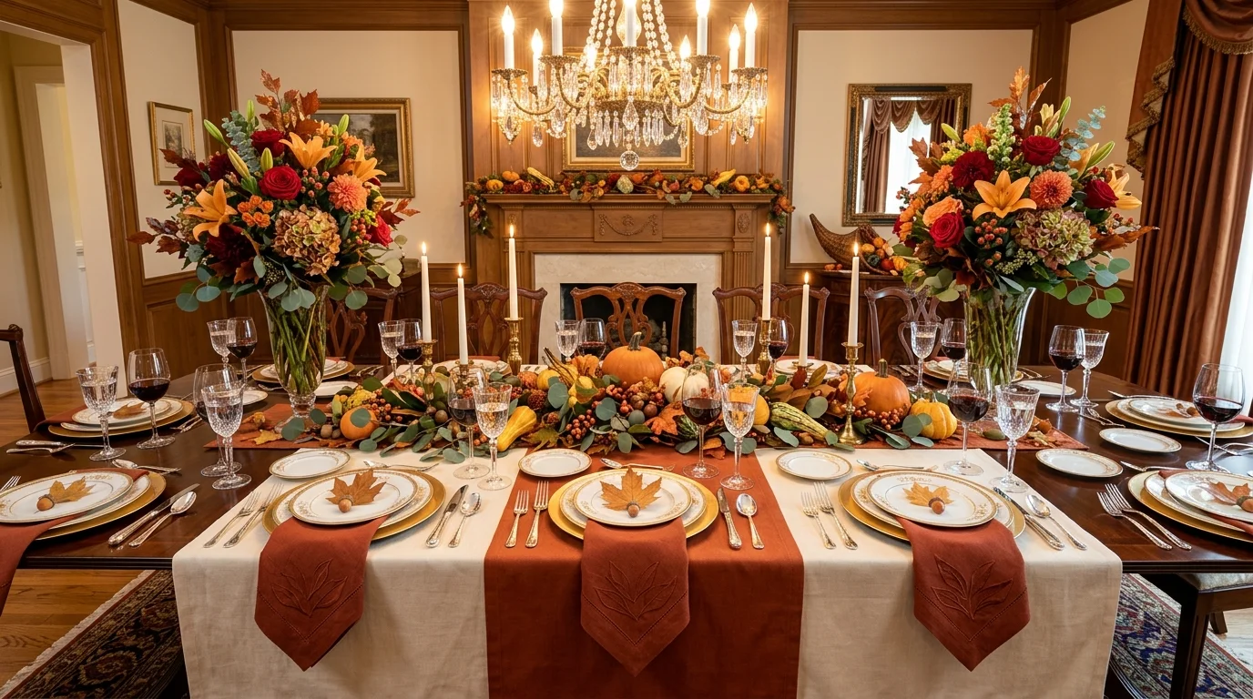 A cheerful Thanksgiving tablescape with colorful autumn details, playful layering, and family-friendly holiday styling, no people