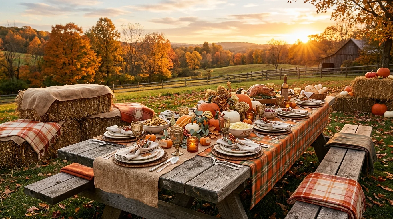 A Thanksgiving tablescape built with woven chargers, dried stems, candles, and natural harvest textures, no people